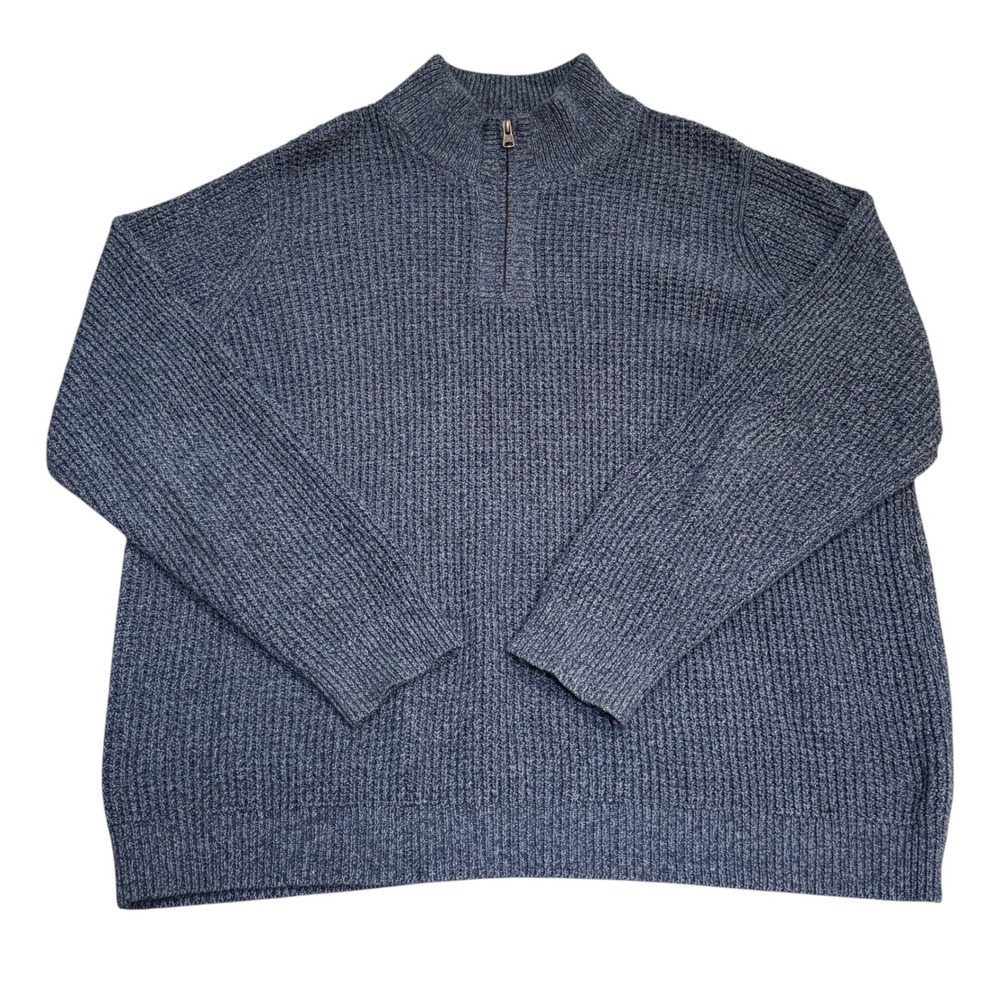 L.L. Bean Quarter Zip Sweater Mens XXL Blue Knit Organic Cotton 508120 Damage